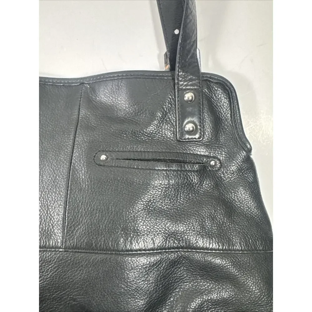 B Makowsky Large Hobo Bag Black Genuine Leather 2 Strap Silver Zipper Studs Moto